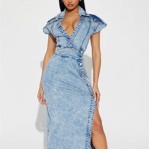 Denim plunging v neck maxi slit button down denim jean dress
